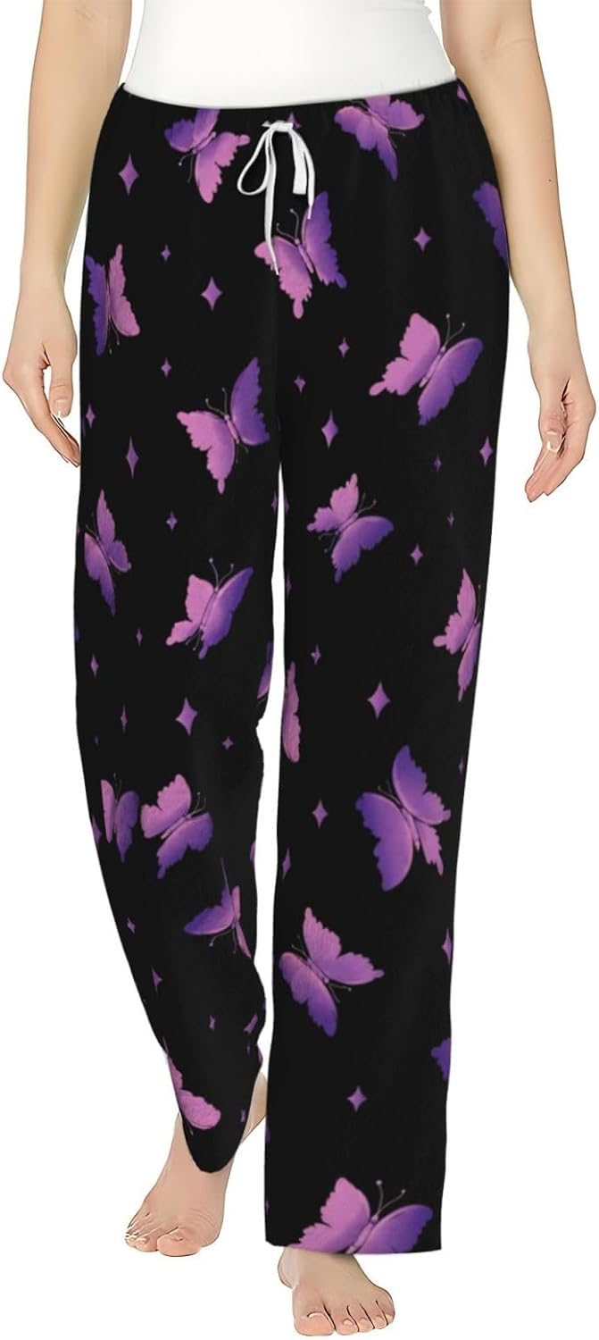 Purple Butterfly Star Flannel Pajama Pants For Women. Soft Fleece Lounge Pants With Pockets And Adjustable Drawstring