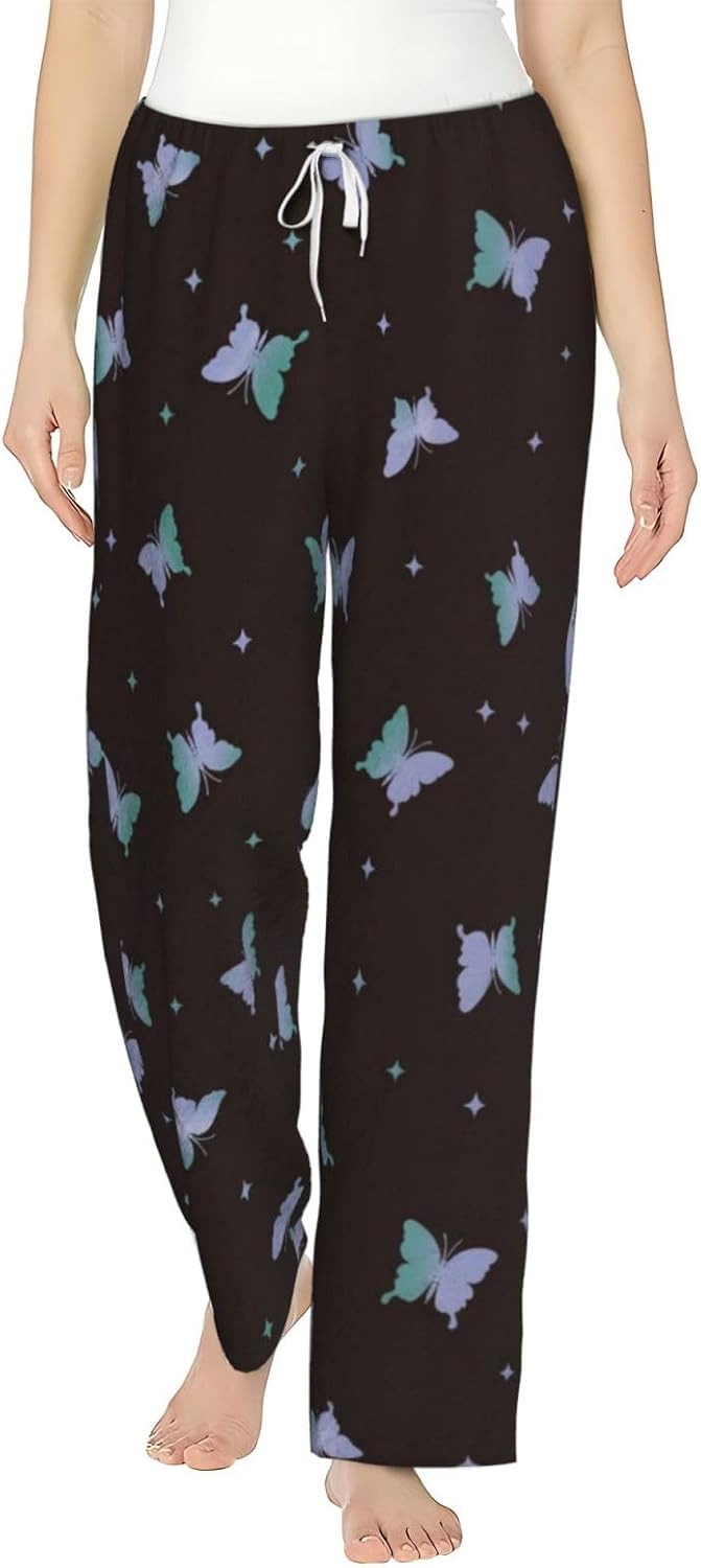 Colorful Butterfly Floral Flannel Pajama Pants For Women. Soft Fleece Lounge Pants With Pockets And Adjustable Drawstring
