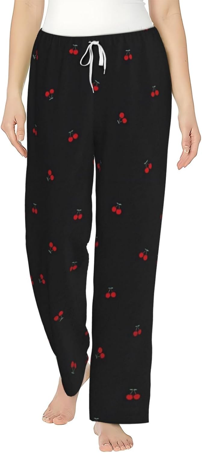 PVVCDV Red Cherry Black Flannel Pajama Pants For Women. Soft Fleece Lounge Pants With Pockets And Adjustable Drawstring