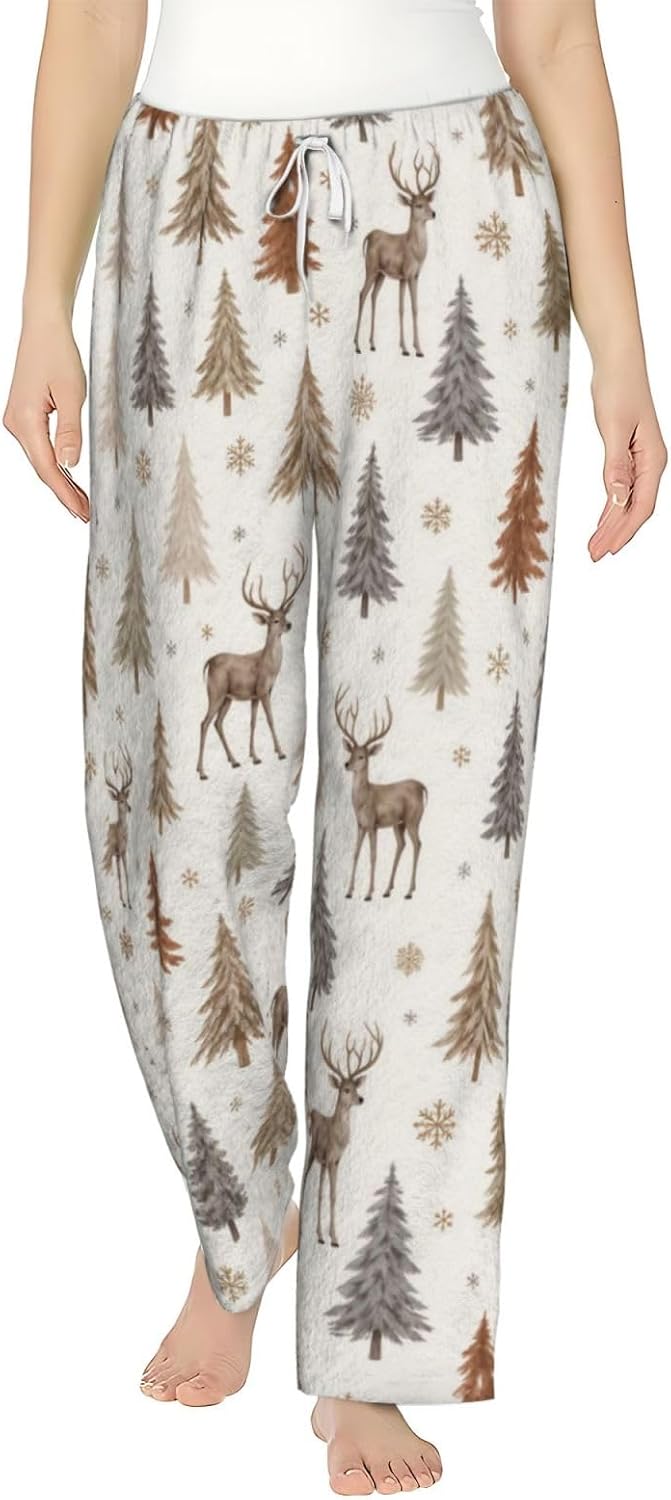 PVVCDV Winter Deer Christmas Tree Flannel Pajama Pants For Women. Soft Fleece Lounge Pants