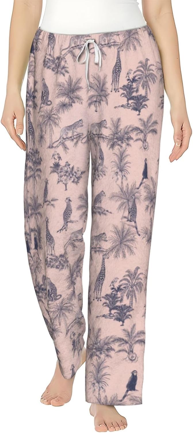 PVVCDV Tropical Safari Animal Print Flannel Pajama Pants For Women. Soft Fleece Lounge Pants