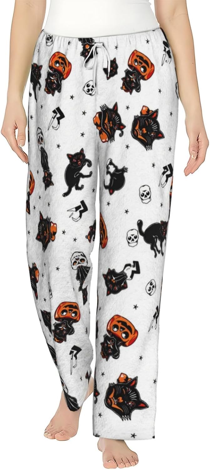 Halloween Ghost Pumpkin Witch Hat Flannel Pajama Pants For Women. Soft Fleece Lounge Pants