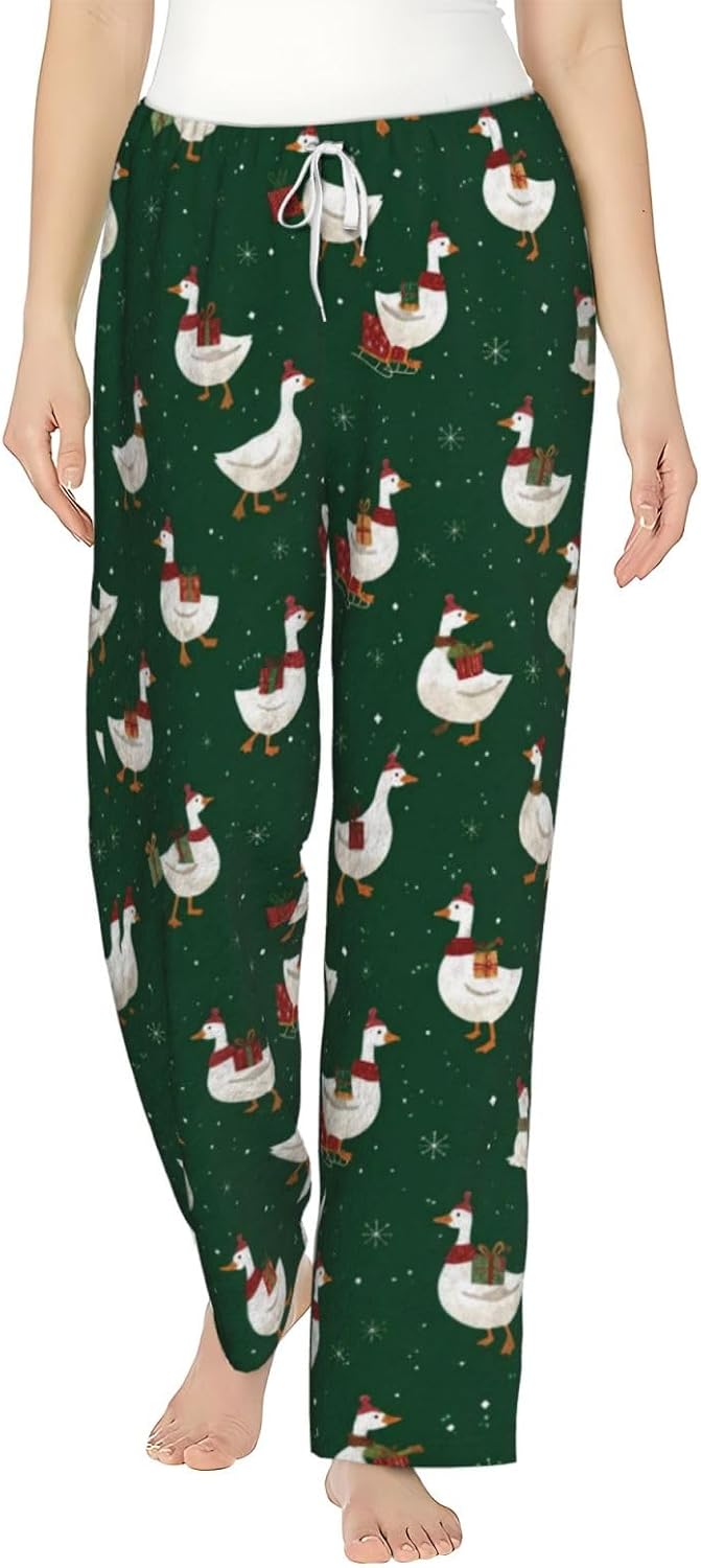 Christmas Duck Gift Flannel Pajama Pants For Women. Soft Fleece Lounge Pants With Pockets And Adjustable Drawstring