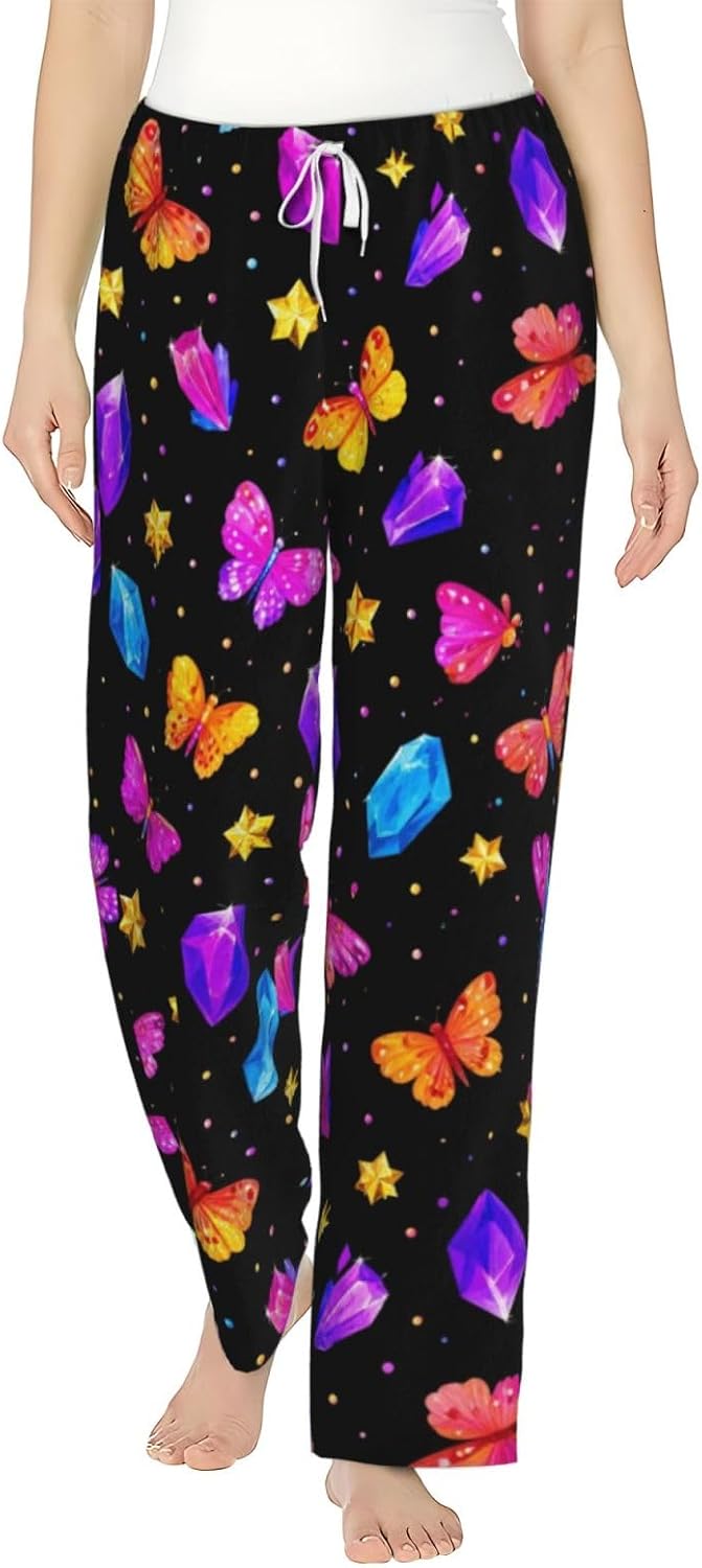Colorful Butterfly Floral Flannel Pajama Pants For Women. Soft Fleece Lounge Pants With Pockets And Adjustable Drawstring