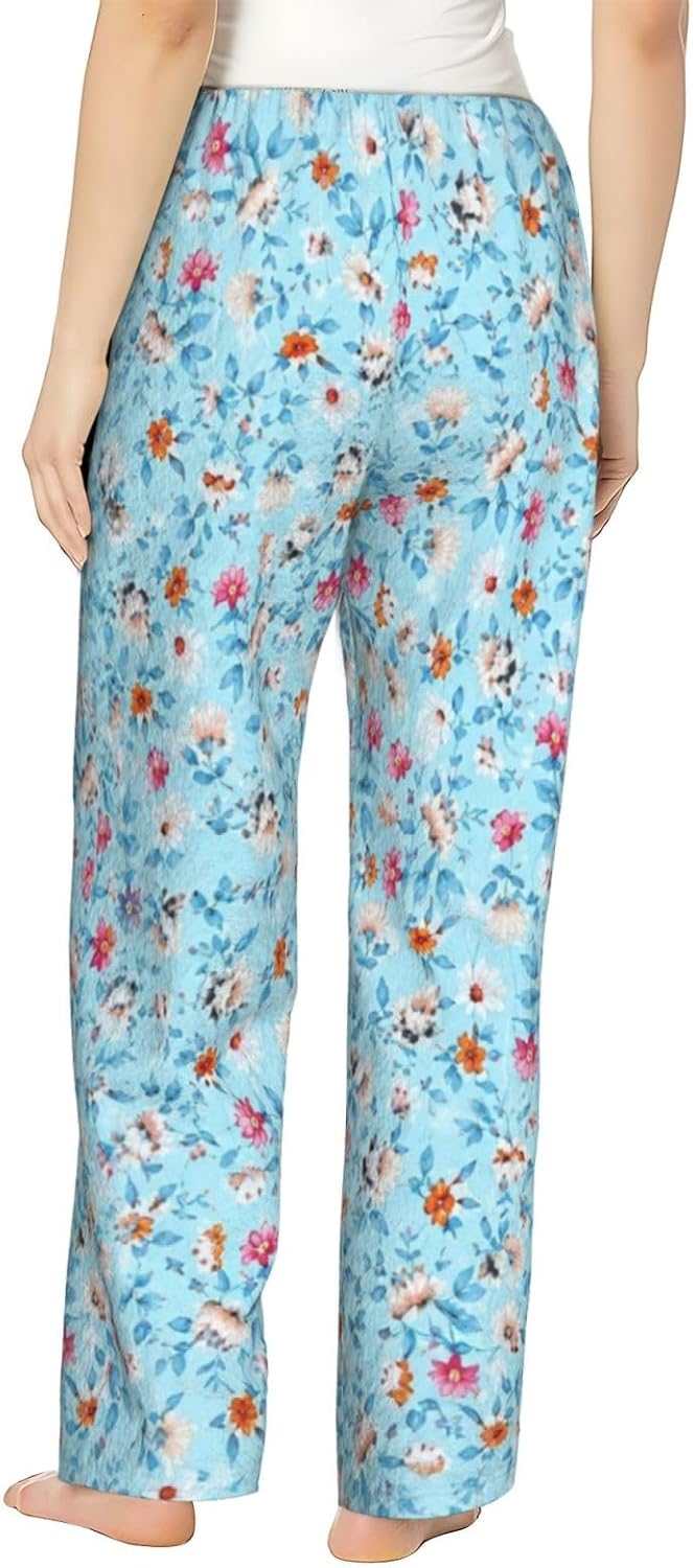Blue Floral Flannel Pajama Pants For Women. Soft Fleece Lounge Pants With Pockets And Adjustable Drawstring