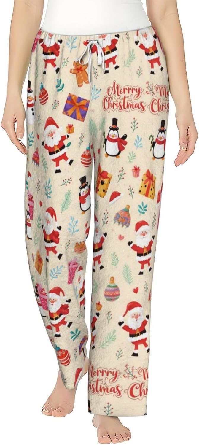 Christmas Leopard Cat Flannel Pajama Pants For Women. Soft Fleece Lounge Pants With Pockets And Adjustable Drawstring