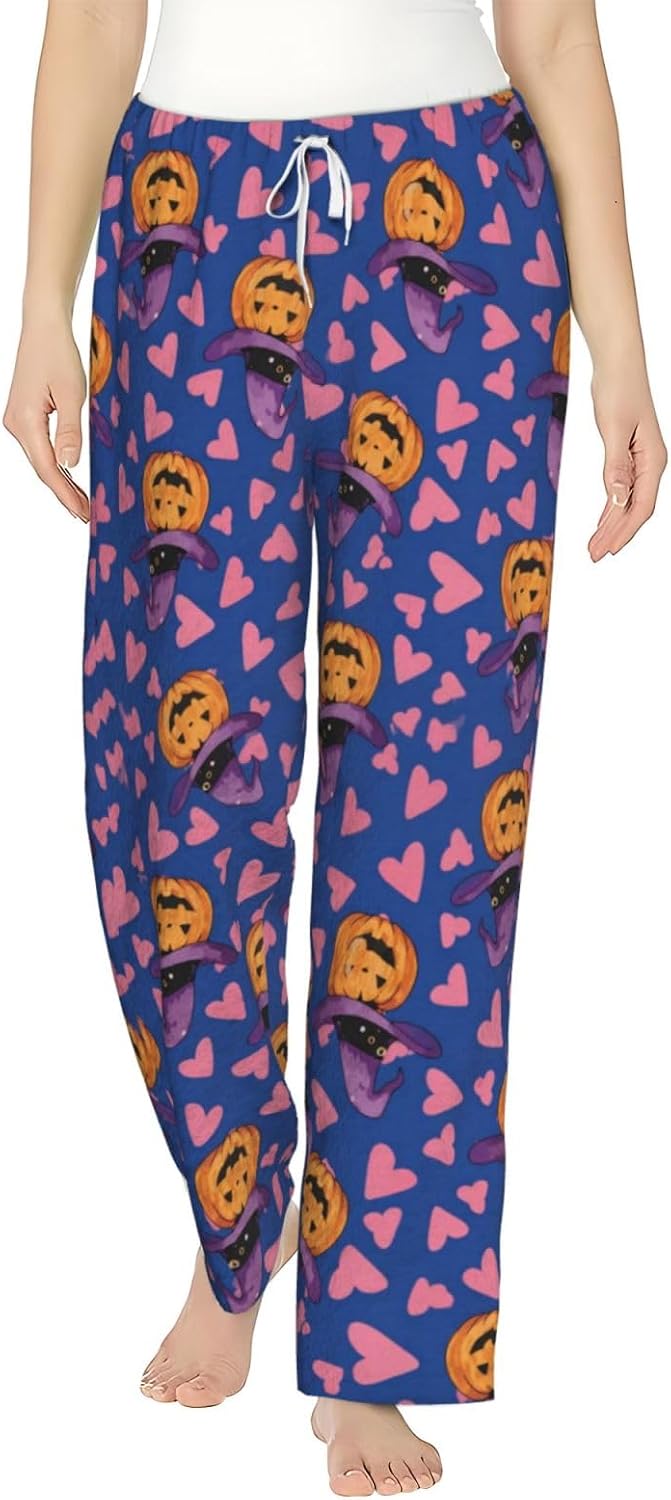 Halloween Ghost Pumpkin Witch Hat Flannel Pajama Pants For Women. Soft Fleece Lounge Pants