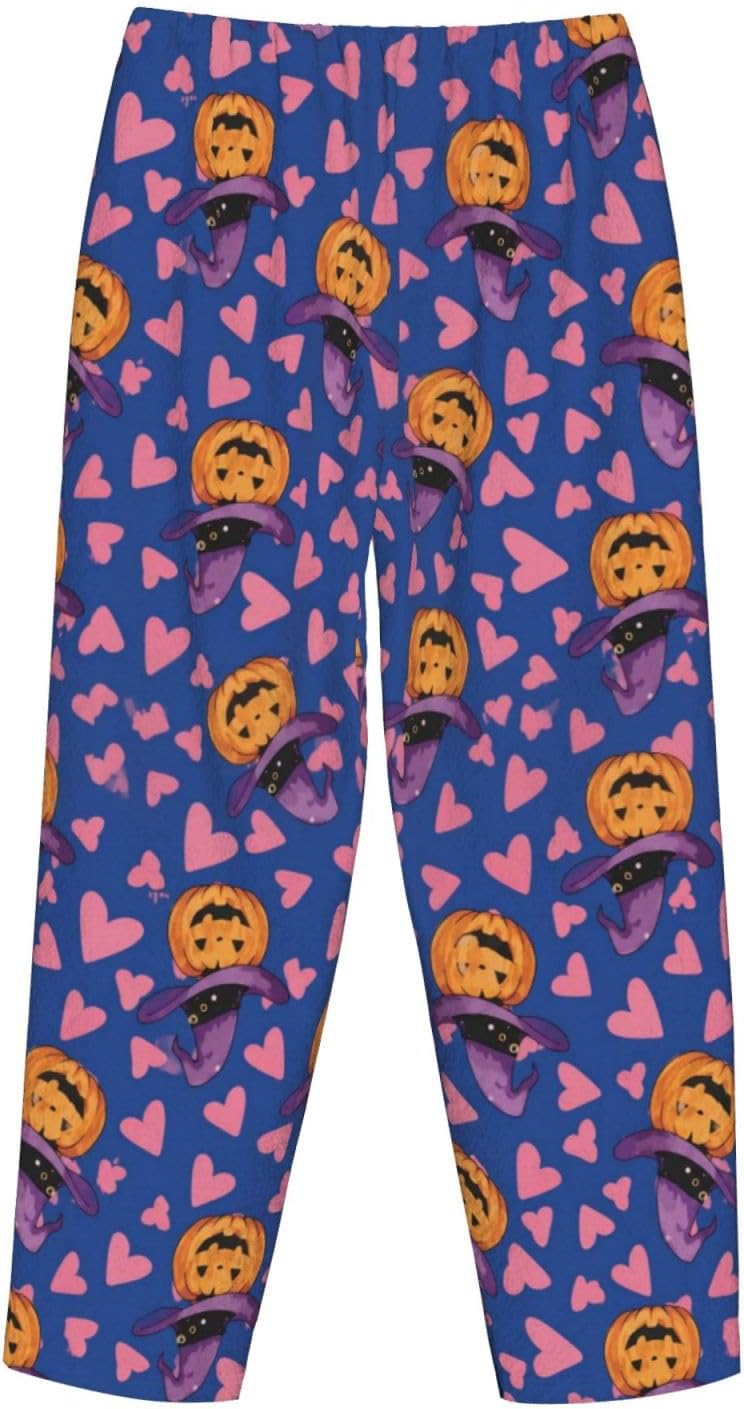 Halloween Ghost Pumpkin Witch Hat Flannel Pajama Pants For Women. Soft Fleece Lounge Pants