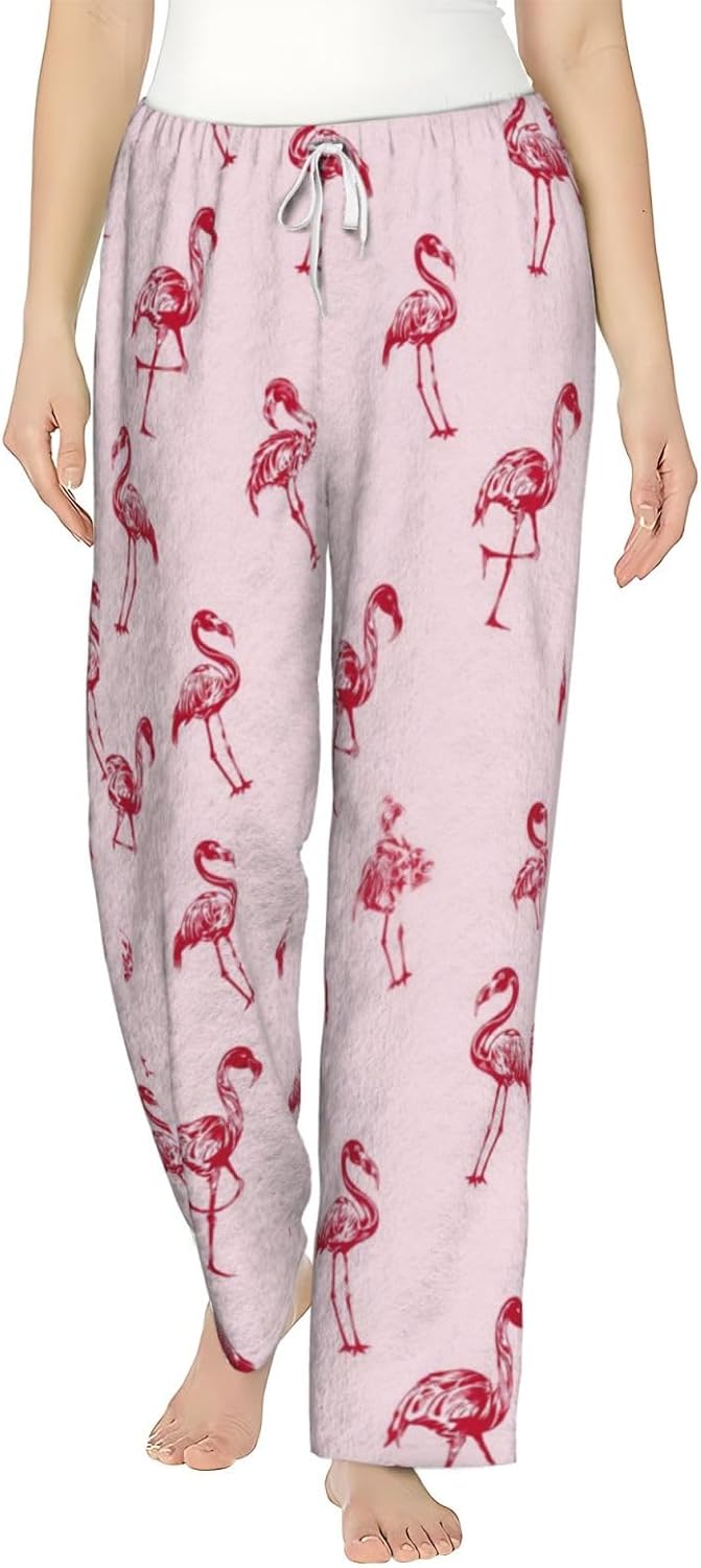 Pink Flamingo Bird Flannel Pajama Pants For Women. Soft Fleece Lounge Pants With Pockets And Adjustable Drawstring
