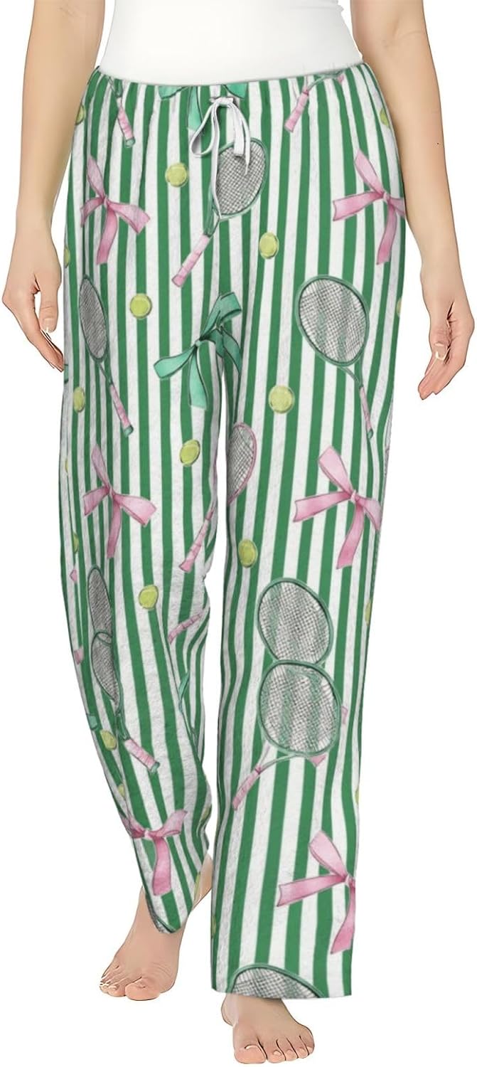 PVVCDV Tennis Racket Bow Stripe Flannel Pajama Pants For Women. Soft Fleece Lounge Pants