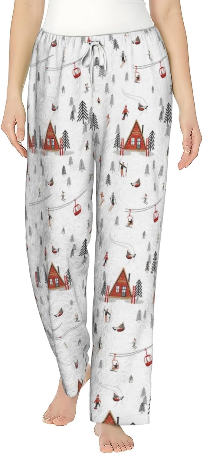 PVVCDV Winter Deer Christmas Tree Flannel Pajama Pants For Women. Soft Fleece Lounge Pants
