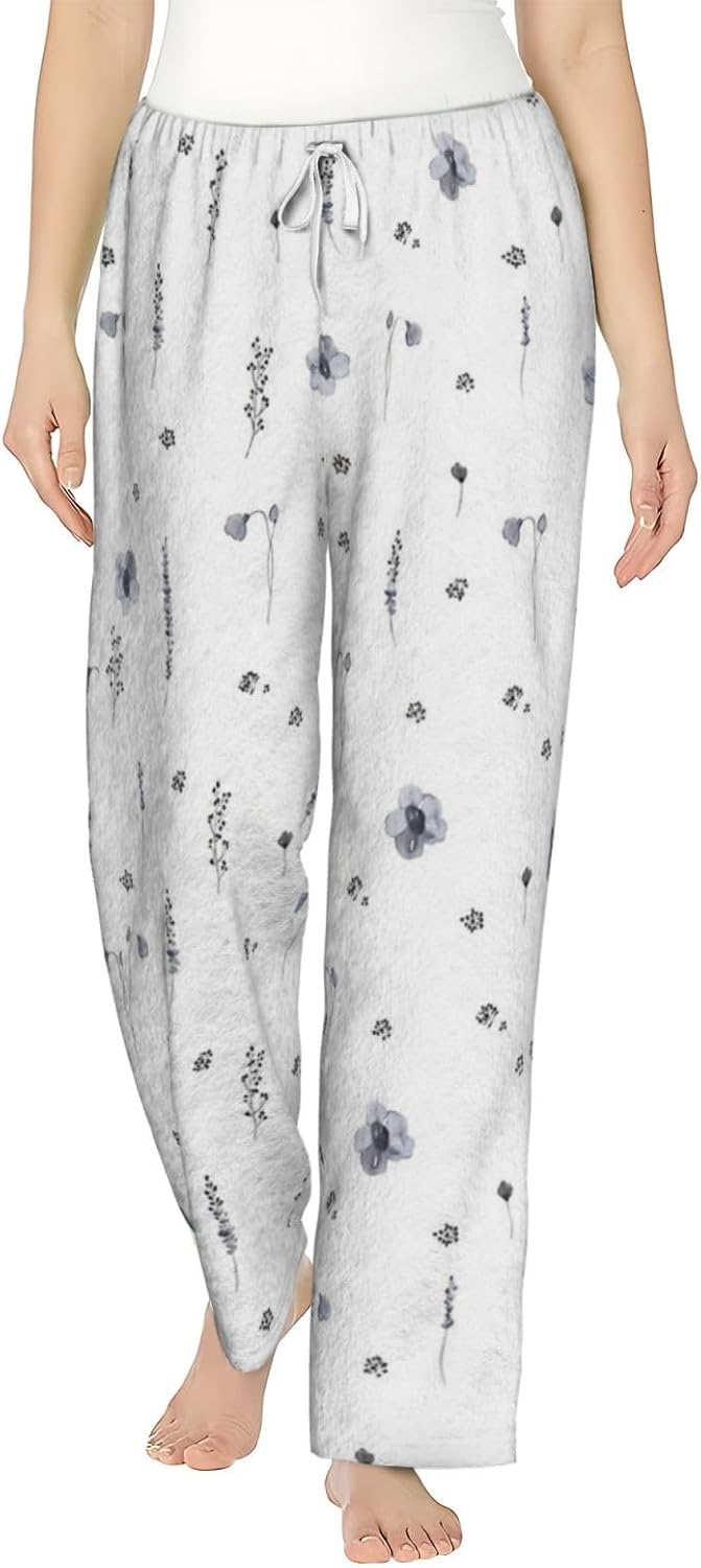 PVVCDV Yellow Floral White Flannel Pajama Pants For Women. Soft Fleece Lounge Pants With Pockets And Adjustable Drawstring