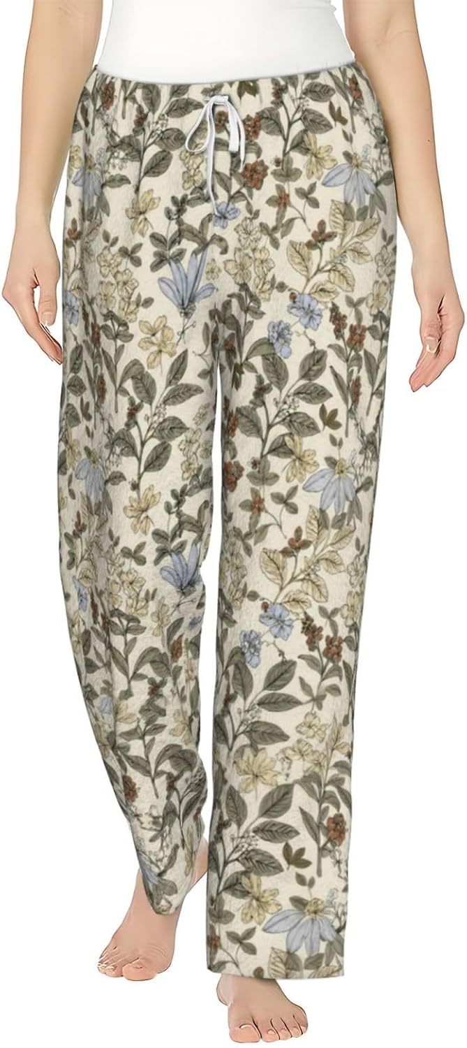 Vintage Books And Wildflowers Flannel Pajama Pants For Women. Soft Fleece Lounge Pants With Pockets And Adjustable Drawstring