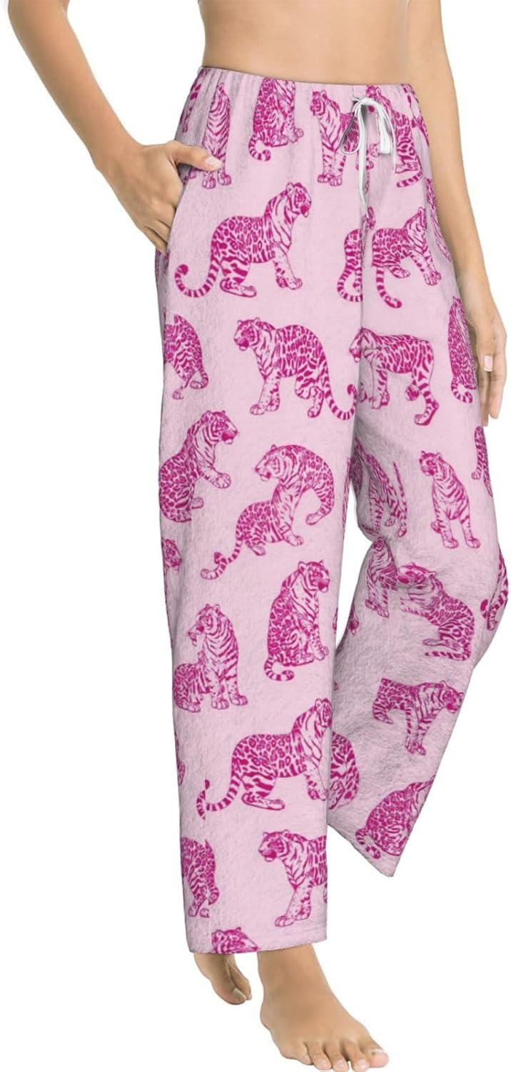 Pink Tiger Rose Floral Flannel Pajama Pants For Women. Soft Fleece Lounge Pants With Pockets And Adjustable Drawstring