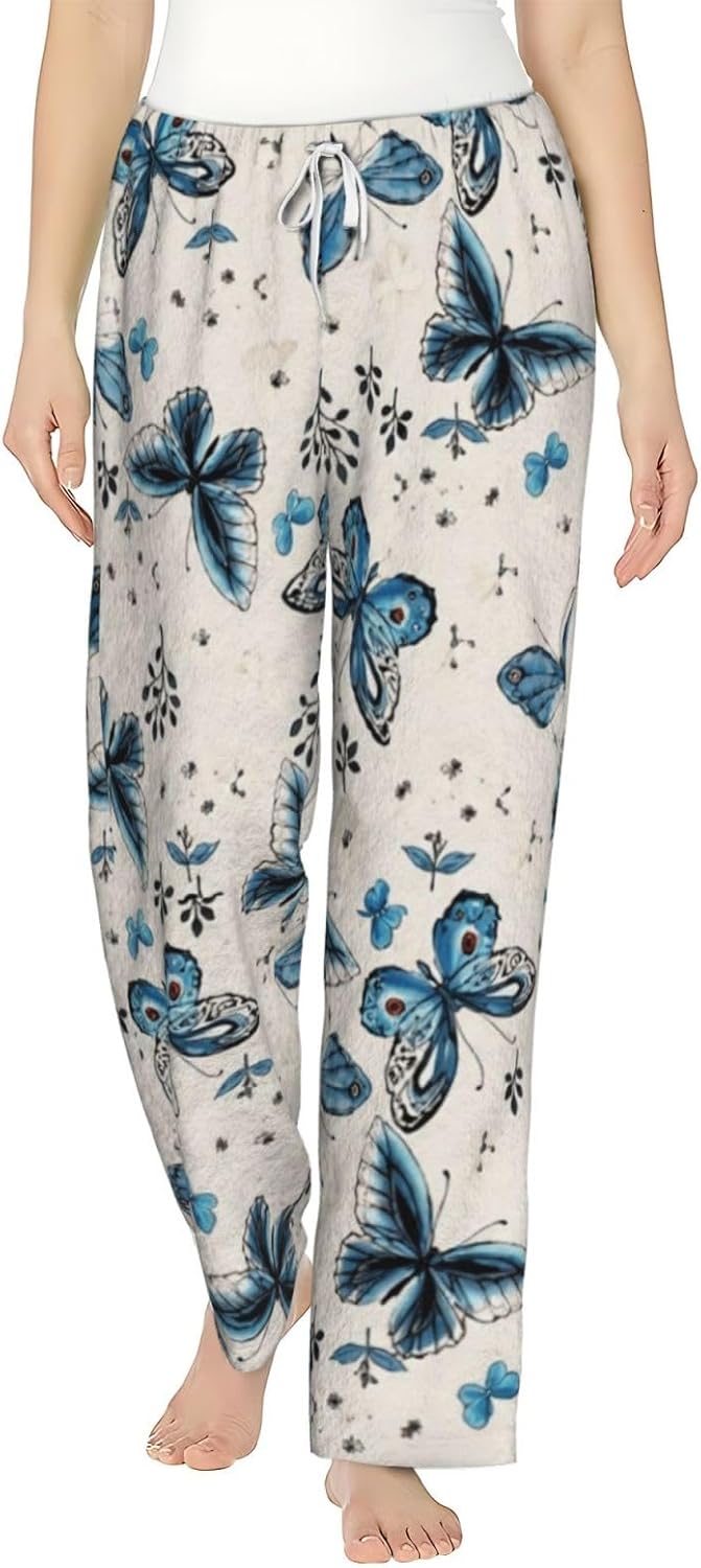 Blue Hydrangea Floral Flannel Pajama Pants For Women. Soft Fleece Lounge Pants With Pockets And Adjustable Drawstring