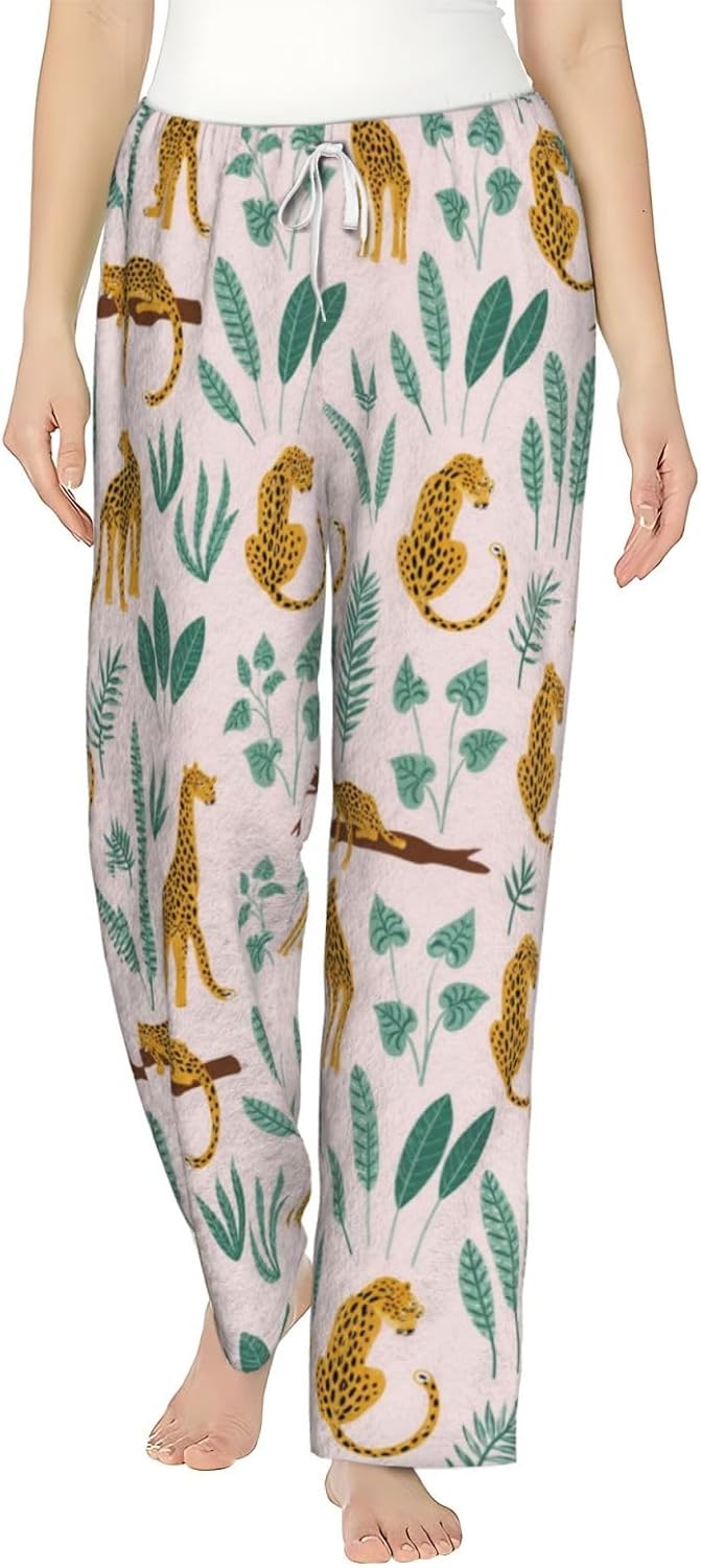 Leopard Tropical Leaf Flannel Pajama Pants For Women. Soft Fleece Lounge Pants With Pockets And Adjustable Drawstring