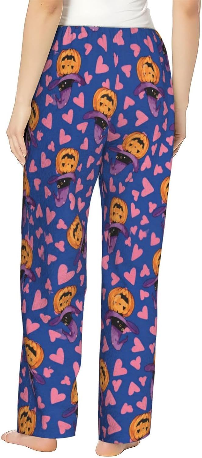 Halloween Ghost Pumpkin Witch Hat Flannel Pajama Pants For Women. Soft Fleece Lounge Pants