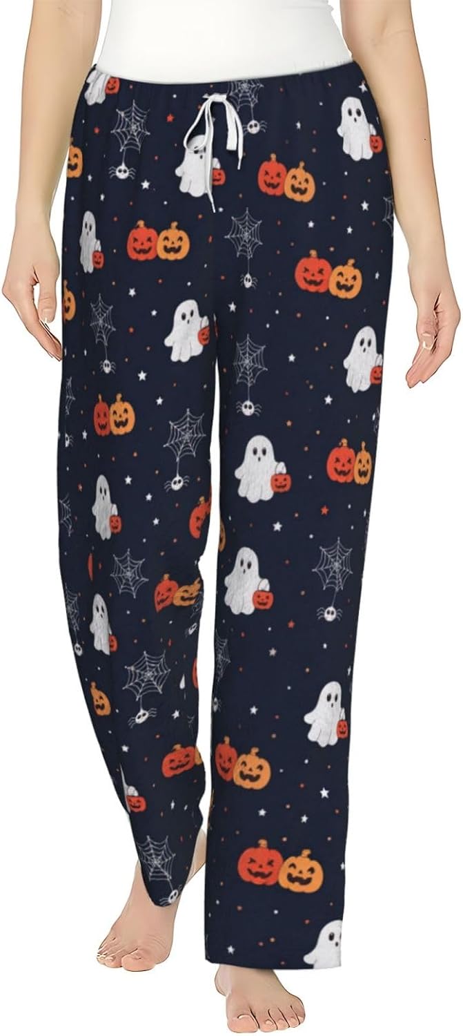 Halloween Ghost Pumpkin Witch Hat Flannel Pajama Pants For Women. Soft Fleece Lounge Pants