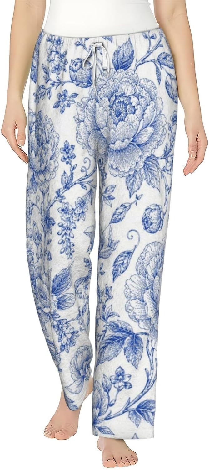 Blue Floral Flannel Pajama Pants For Women. Soft Fleece Lounge Pants With Pockets And Adjustable Drawstring