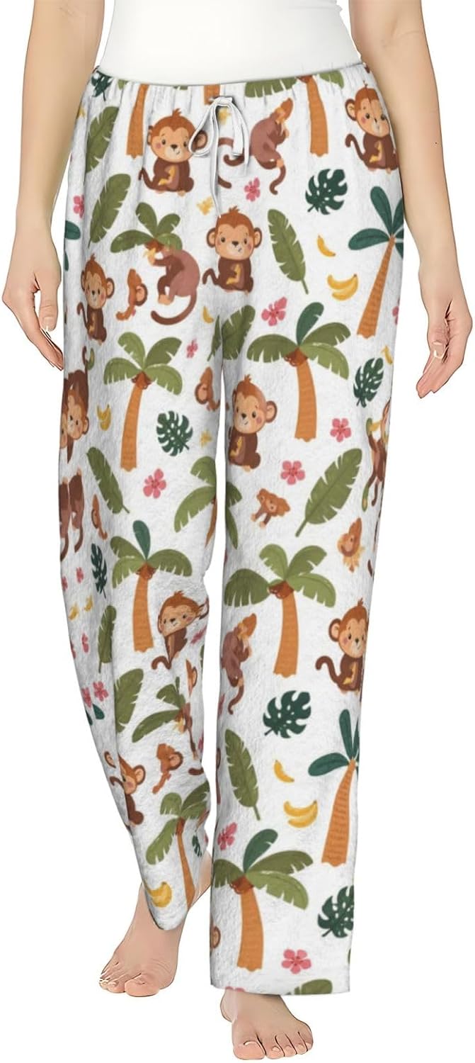 Cute Strawberry Floral Flannel Pajama Pants For Women. Soft Fleece Lounge Pants With Pockets And Adjustable Drawstring
