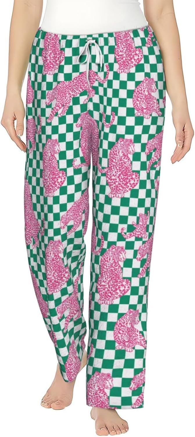 Pink Tiger Rose Floral Flannel Pajama Pants For Women. Soft Fleece Lounge Pants With Pockets And Adjustable Drawstring