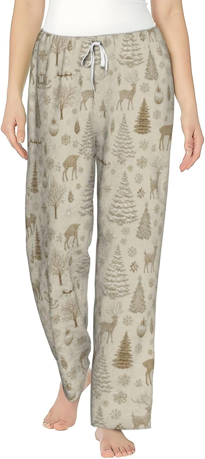PVVCDV Winter Deer Christmas Tree Flannel Pajama Pants For Women. Soft Fleece Lounge Pants