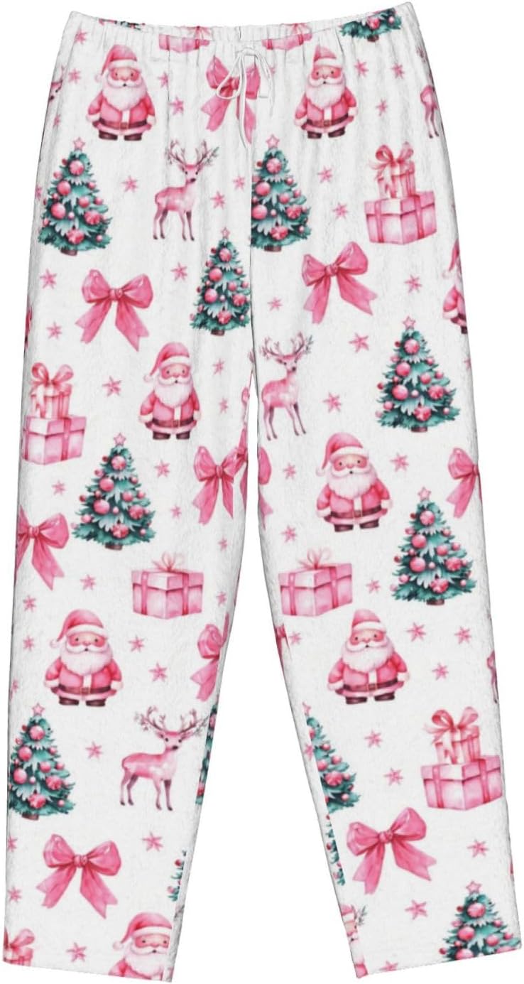 Red Striped Christmas Tree Flannel Pajama Pants For Women. Soft Fleece Lounge Pants With Pockets And Adjustable Drawstring