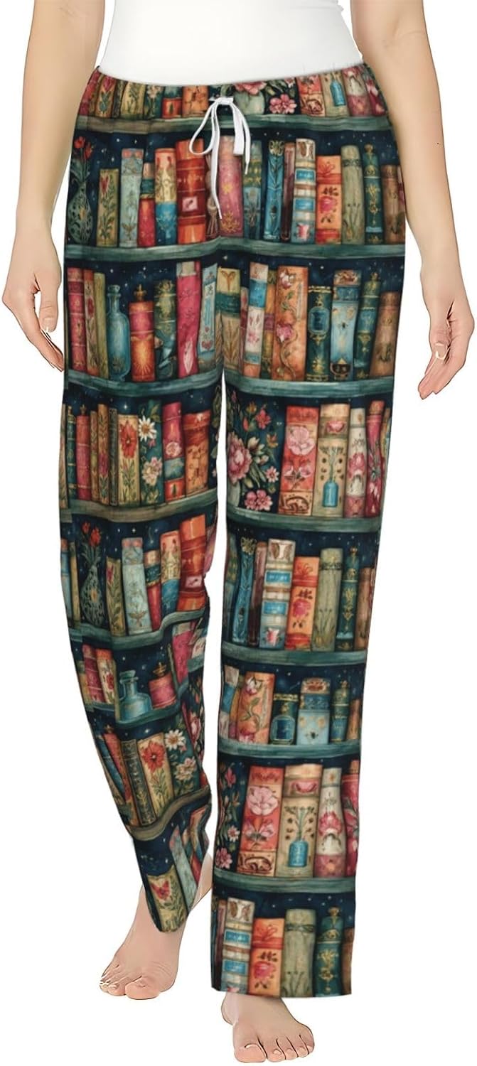 Vintage Books And Wildflowers Flannel Pajama Pants For Women. Soft Fleece Lounge Pants With Pockets And Adjustable Drawstring