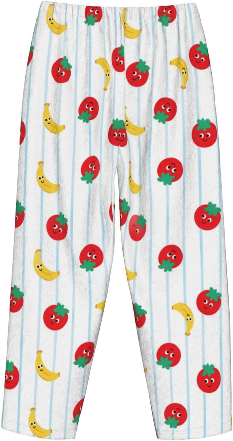 Cute Strawberry Floral Flannel Pajama Pants For Women. Soft Fleece Lounge Pants With Pockets And Adjustable Drawstring