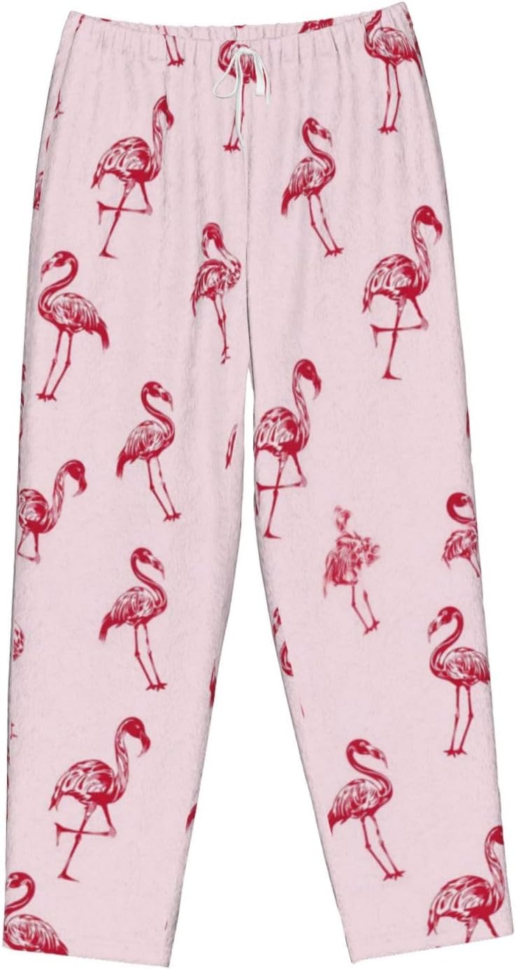 Pink Flamingo Bird Flannel Pajama Pants For Women. Soft Fleece Lounge Pants With Pockets And Adjustable Drawstring