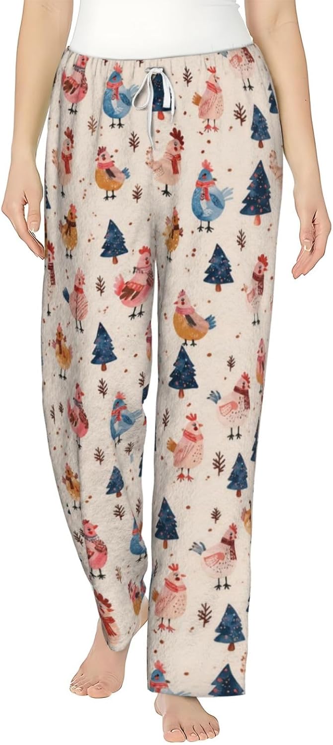 PVVCDV Winter Deer Christmas Tree Flannel Pajama Pants For Women. Soft Fleece Lounge Pants