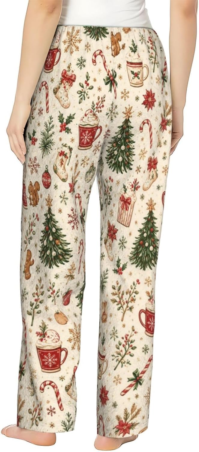 Christmas Leopard Cat Flannel Pajama Pants For Women. Soft Fleece Lounge Pants With Pockets And Adjustable Drawstring