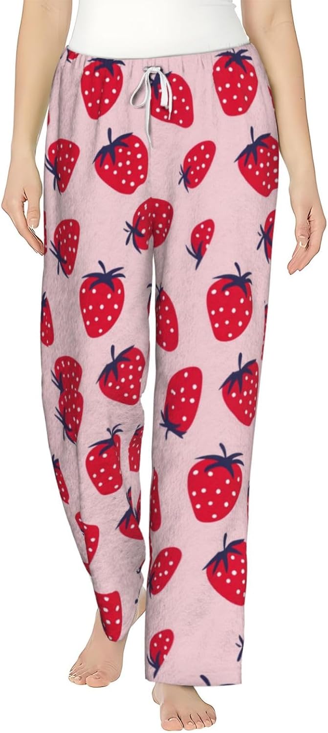 PVVCDV Red Cherry Black Flannel Pajama Pants For Women. Soft Fleece Lounge Pants With Pockets And Adjustable Drawstring