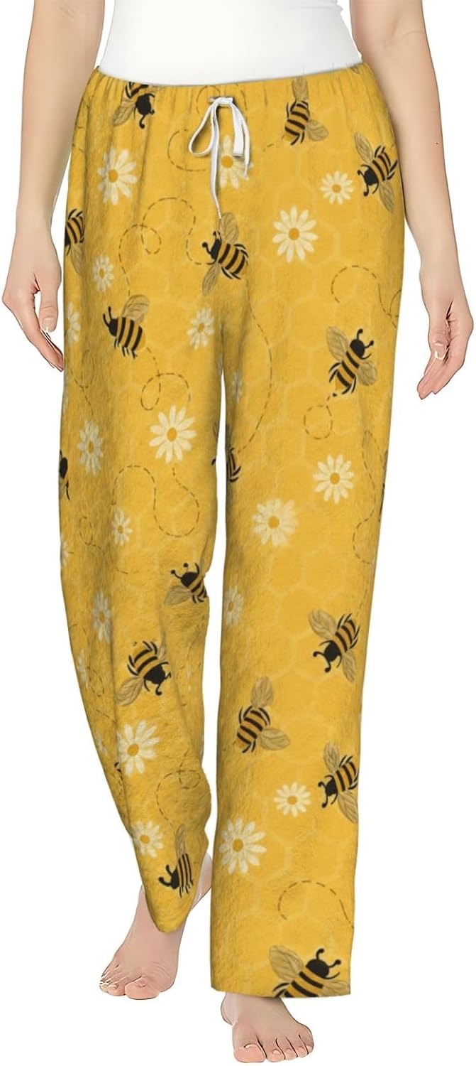 PVVCDV Yellow Floral White Flannel Pajama Pants For Women. Soft Fleece Lounge Pants With Pockets And Adjustable Drawstring