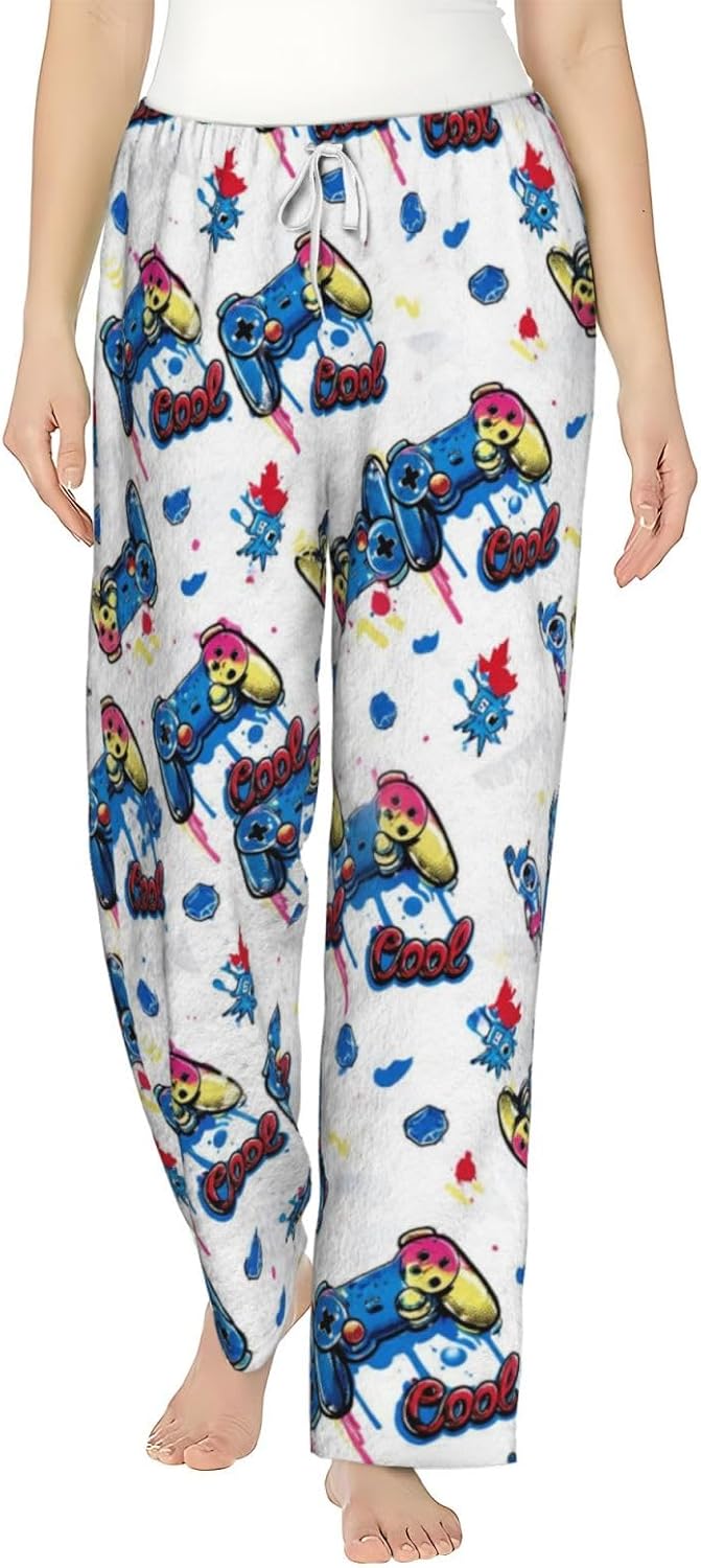 PVVCDV Neon Graffiti Robot Black Flannel Pajama Pants For Women. Soft Fleece Lounge Pants