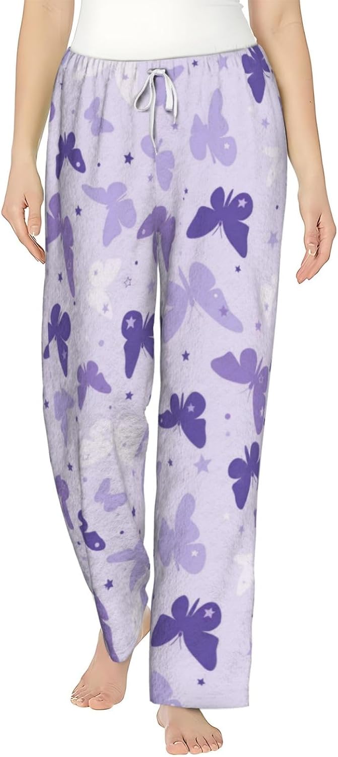 Colorful Butterfly Floral Flannel Pajama Pants For Women. Soft Fleece Lounge Pants With Pockets And Adjustable Drawstring