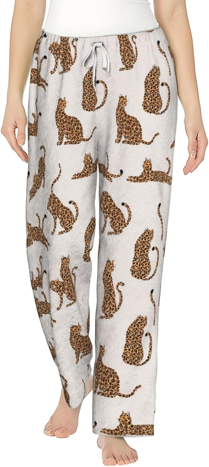Leopard Tropical Leaf Flannel Pajama Pants For Women. Soft Fleece Lounge Pants With Pockets And Adjustable Drawstring