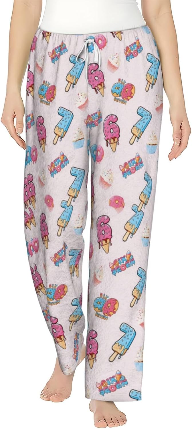 PVVCDV 67 Blue Bow Number Six Seven Flannel Pajama Pants For Women. Soft Fleece Lounge Pants