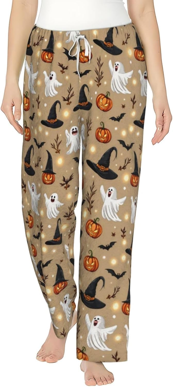 Halloween Ghost Pumpkin Witch Hat Flannel Pajama Pants For Women. Soft Fleece Lounge Pants