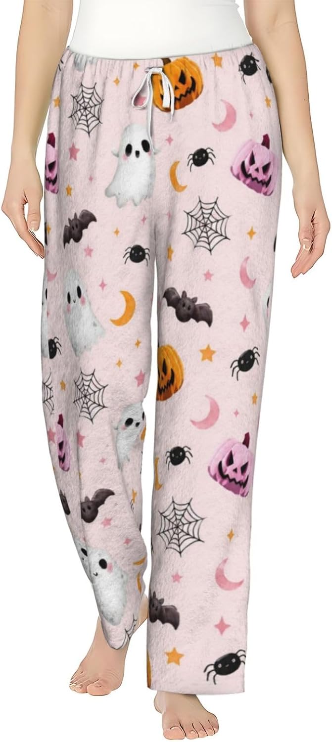 Halloween Pumpkin Ghost Bat Flannel Pajama Pants For Women. Soft Fleece Lounge Pants With Pockets And Adjustable Drawstring