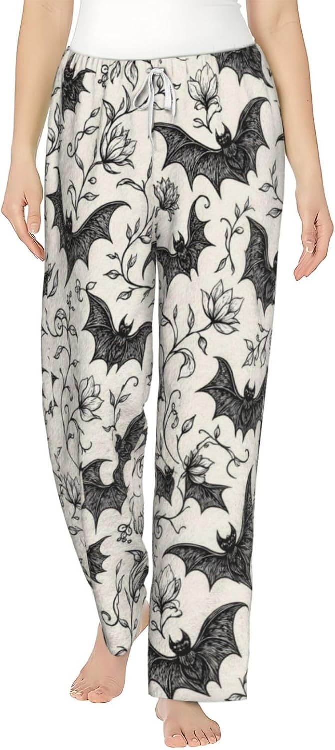 Gothic Bat Floral Black White Flannel Pajama Pants For Women. Soft Fleece Lounge Pants With Pockets And Adjustable Drawstring