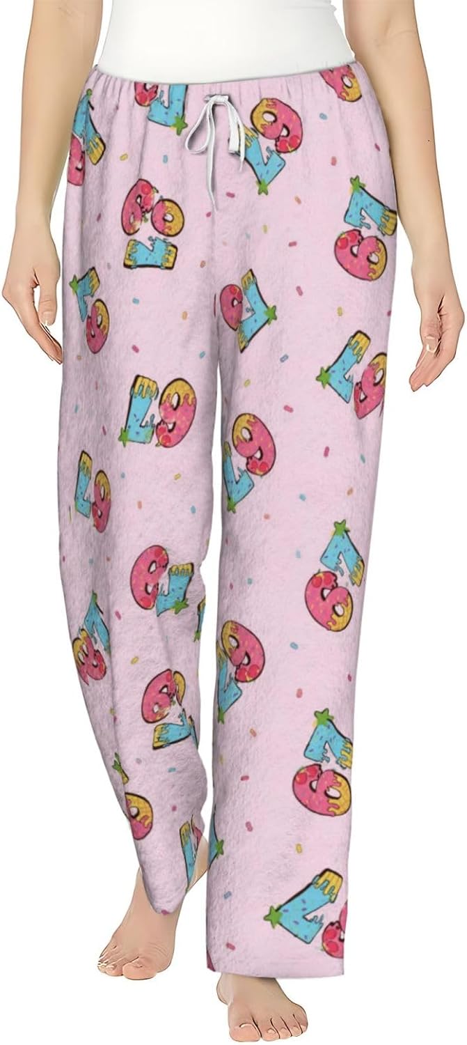 PVVCDV 67 Blue Bow Number Six Seven Flannel Pajama Pants For Women. Soft Fleece Lounge Pants