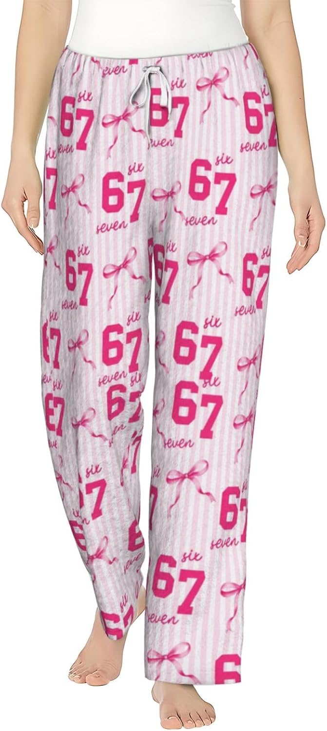 PVVCDV 67 Blue Bow Number Six Seven Flannel Pajama Pants For Women. Soft Fleece Lounge Pants