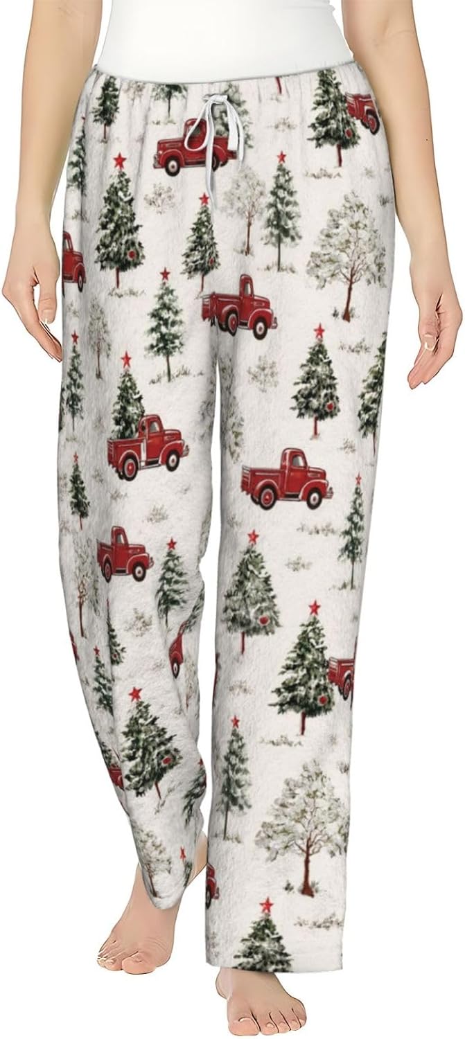Red Striped Christmas Tree Flannel Pajama Pants For Women. Soft Fleece Lounge Pants With Pockets And Adjustable Drawstring