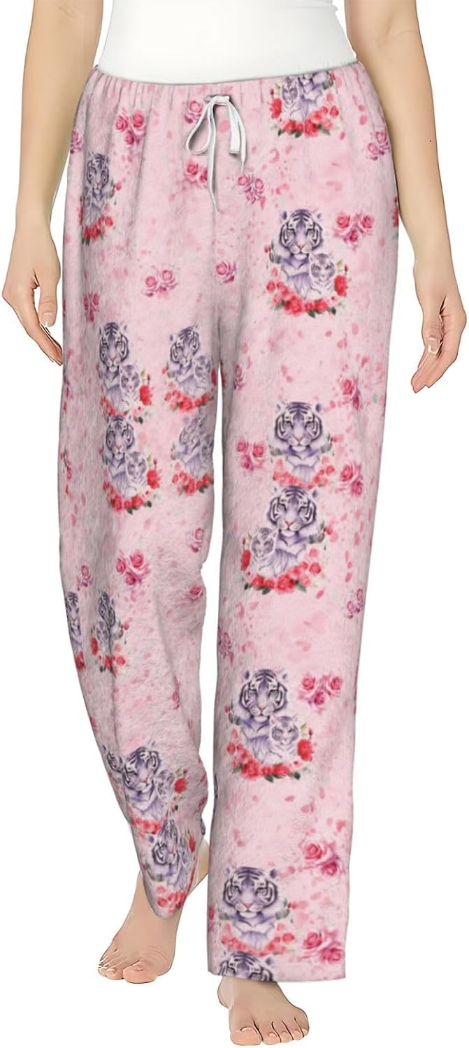 Pink Tiger Rose Floral Flannel Pajama Pants For Women. Soft Fleece Lounge Pants With Pockets And Adjustable Drawstring