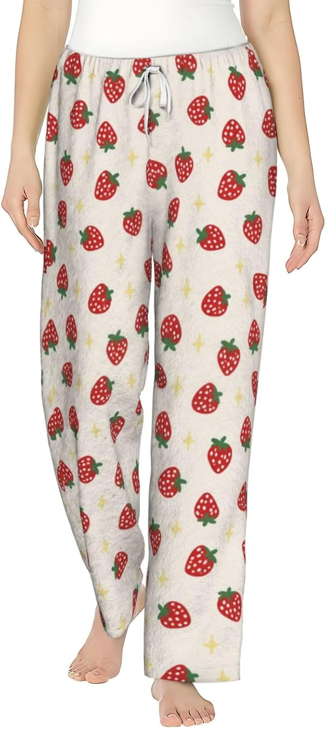 Cute Strawberry Floral Flannel Pajama Pants For Women. Soft Fleece Lounge Pants With Pockets And Adjustable Drawstring