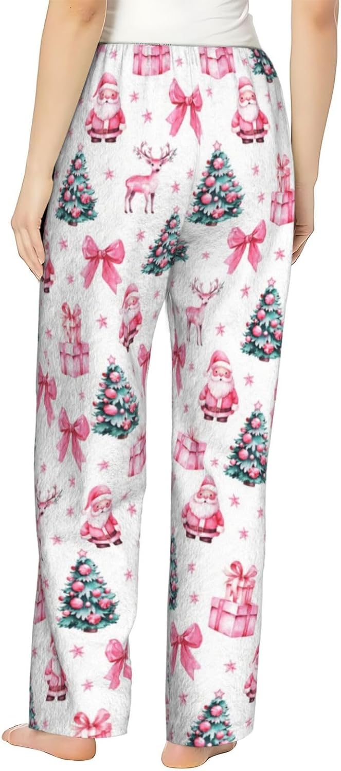 Red Striped Christmas Tree Flannel Pajama Pants For Women. Soft Fleece Lounge Pants With Pockets And Adjustable Drawstring