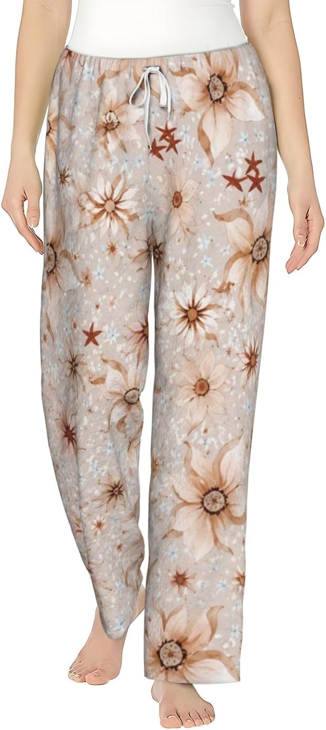 Blue Floral Flannel Pajama Pants For Women. Soft Fleece Lounge Pants With Pockets And Adjustable Drawstring