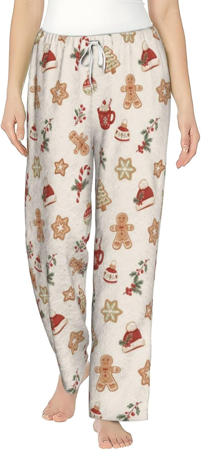 Christmas Leopard Cat Flannel Pajama Pants For Women. Soft Fleece Lounge Pants With Pockets And Adjustable Drawstring