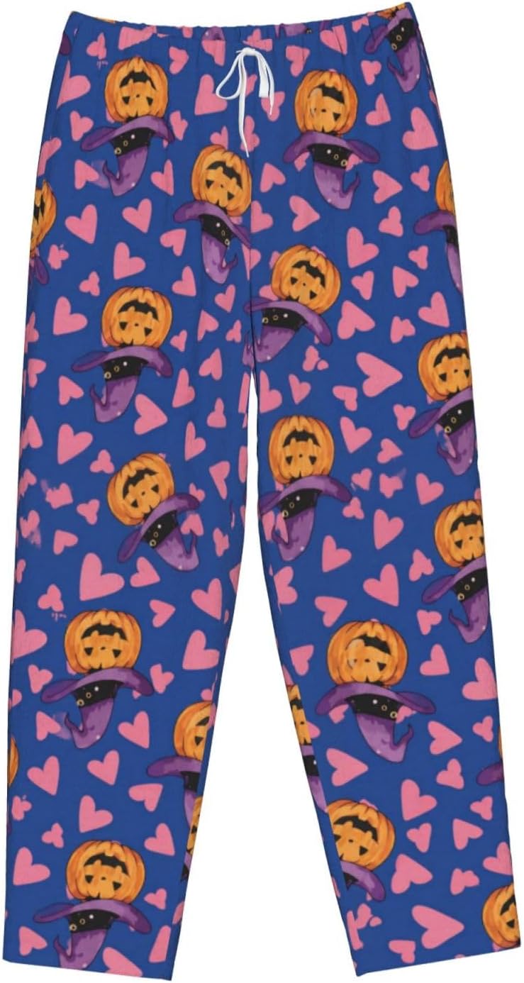 Halloween Ghost Pumpkin Witch Hat Flannel Pajama Pants For Women. Soft Fleece Lounge Pants